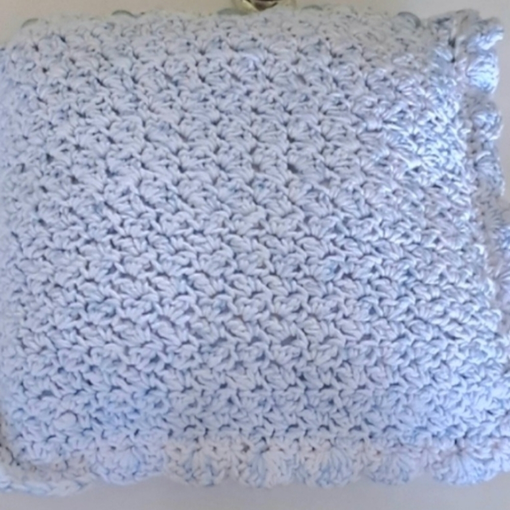 Crochet Pillow 12" Handknit  Square Scallop Edge Blue White Hand Made